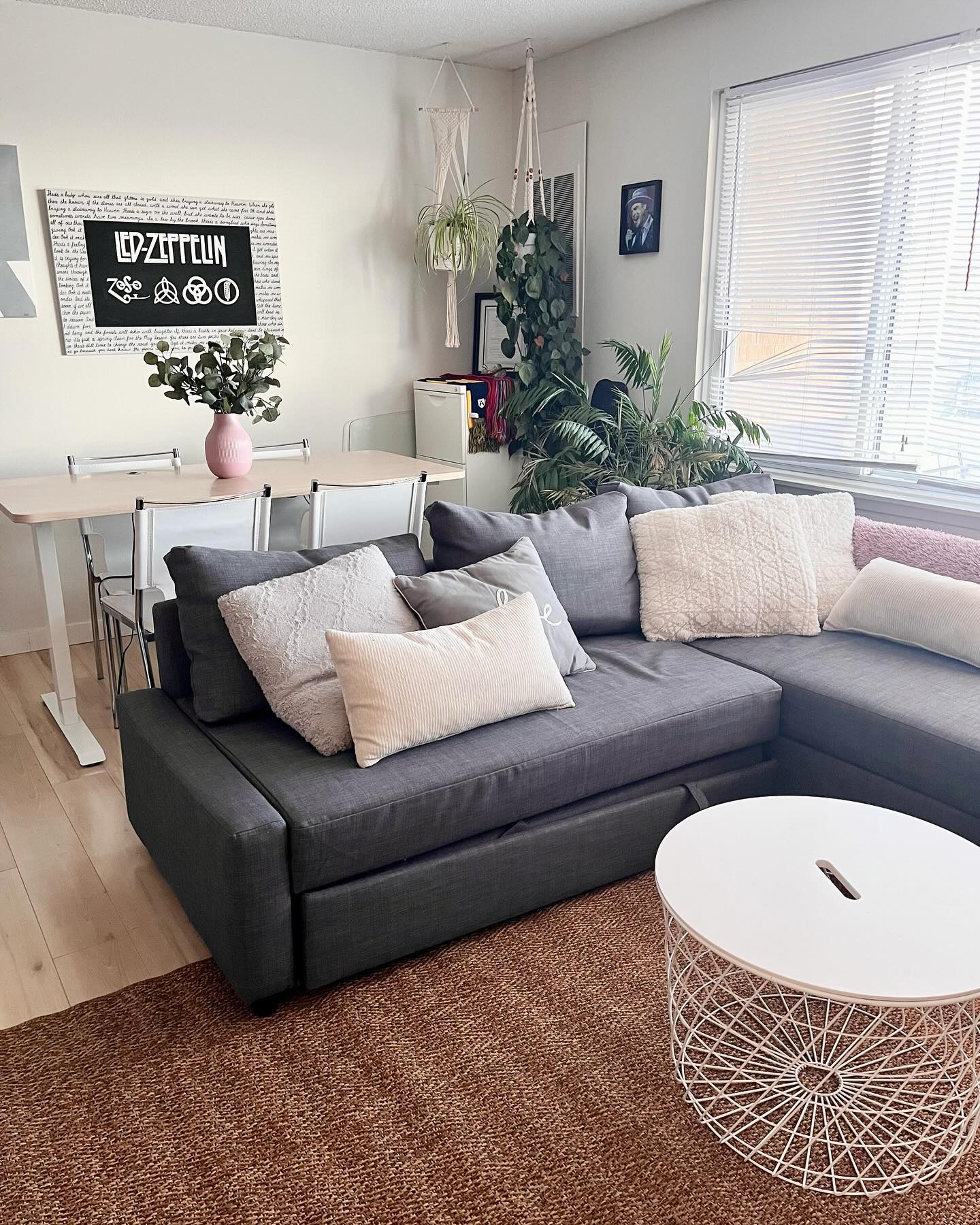 Winnipeg living room redesign with a sectional, layered pillows, plants, and a quiet palette, styled without renovation