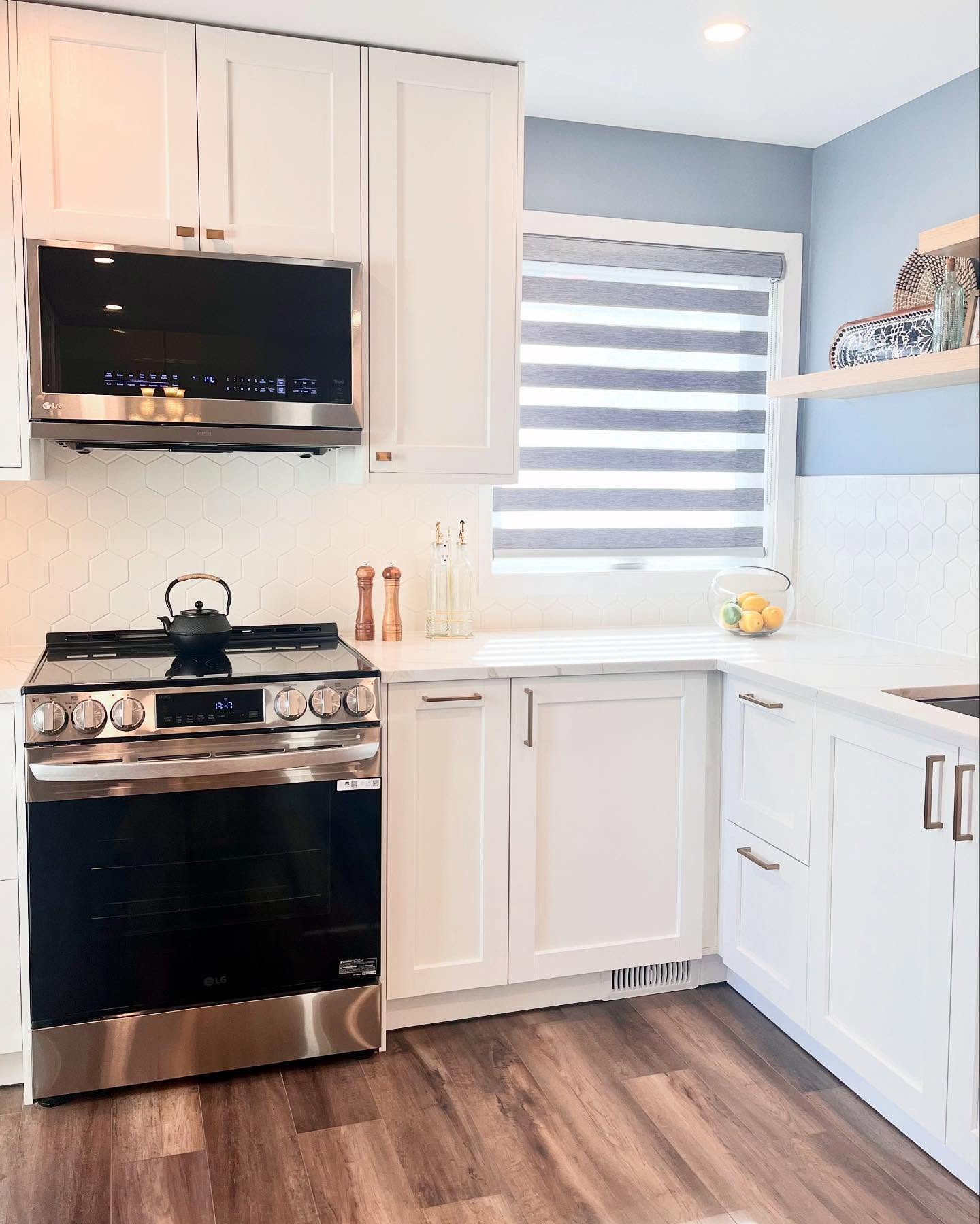 Project Daisy range wall with an LG gas range, hexagon tile, and zebra shades on the window